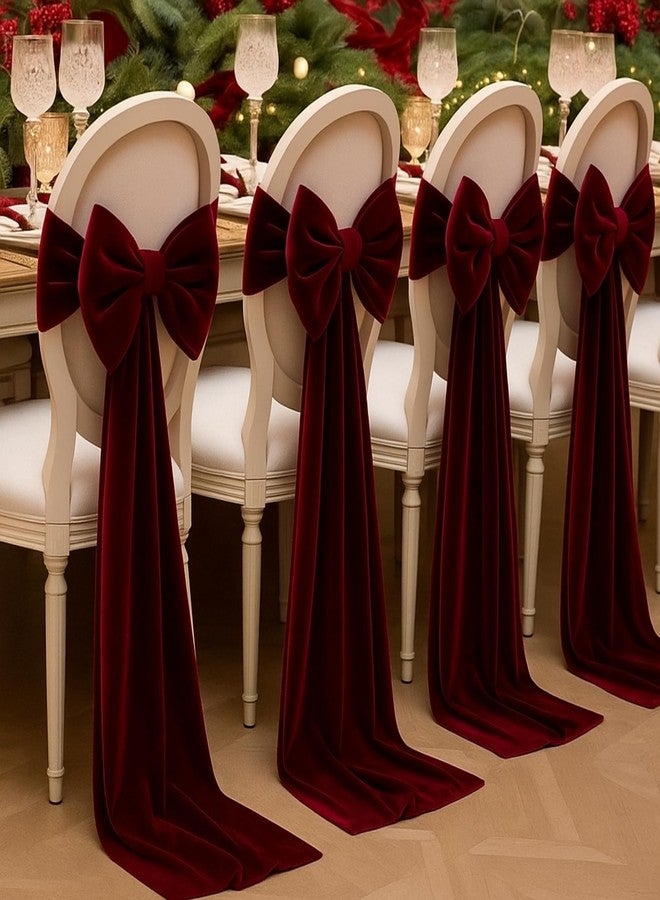 Suncalla Burgundy 6 Pcs Christmas Chair Sashes 157'' Decorative Bows Chair Cover with 12 Pins for Dinning Room Decoration Wedding Reception Restaurant Event Decoration Banquet Party (Velvet) - Image 1
